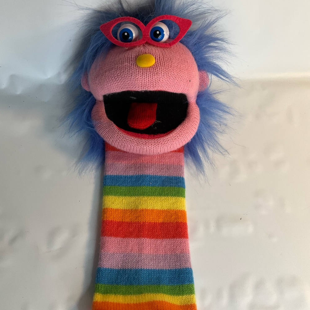 Plush Pink Puppet with Blue Hair and Rainbow Body - Kids Stuffed Toy